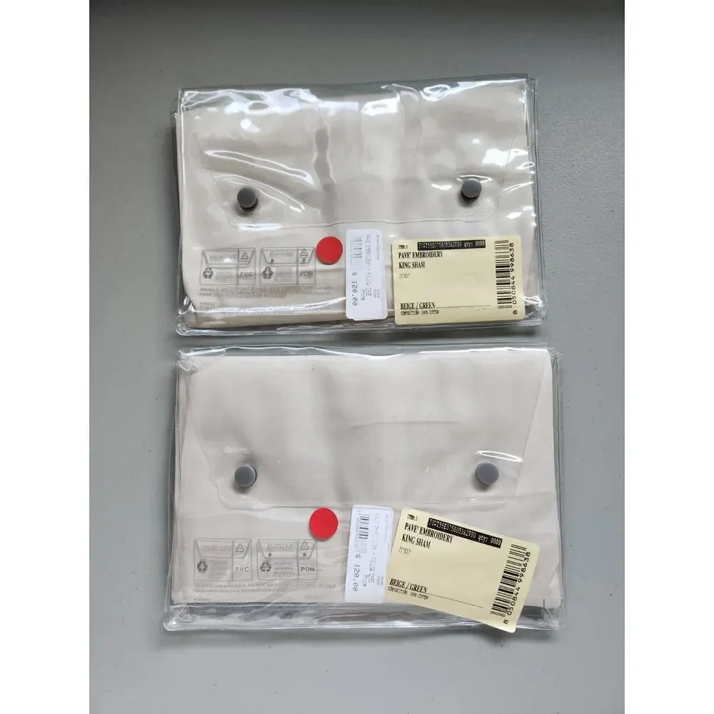 New Frette 2 PC Set Pave Embroidery Cotton King Sham Beige Green #03